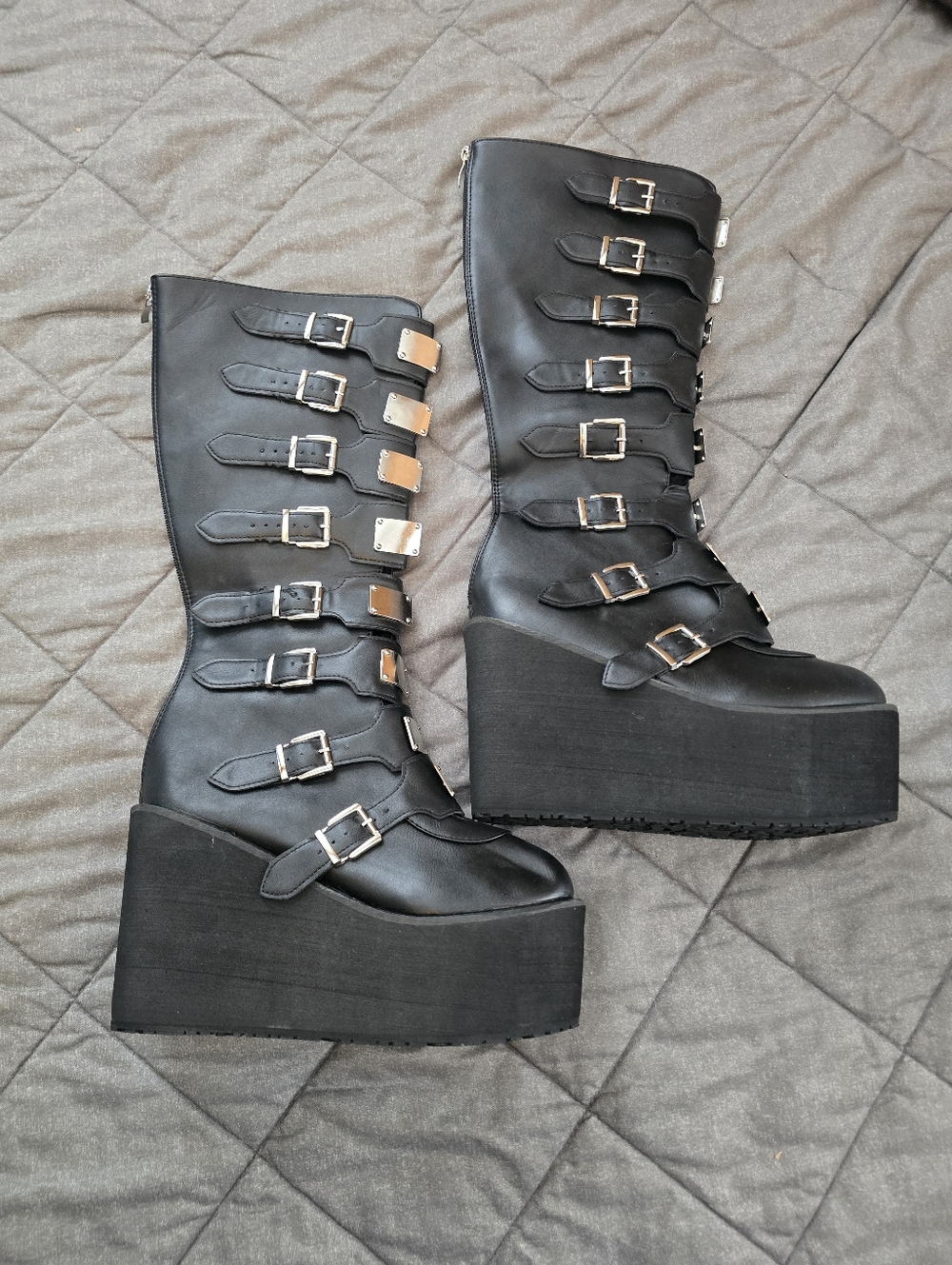 Platform Knee-High Buckle Boots - Black